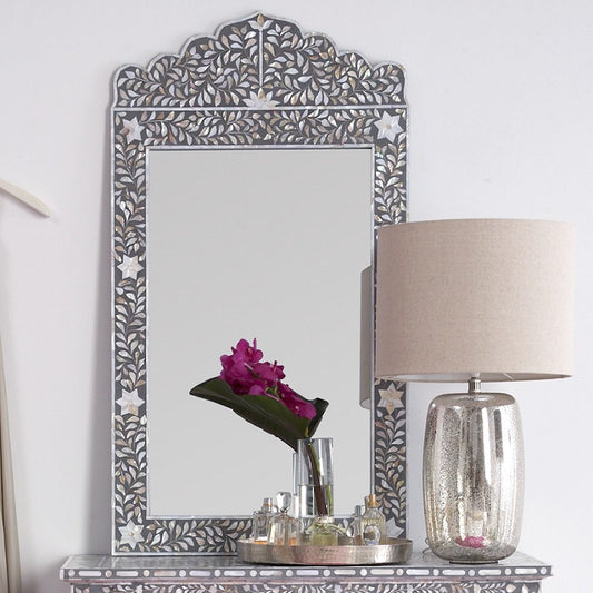 Mother of Pearl Inlay Crested Mirror : Floral : Grey