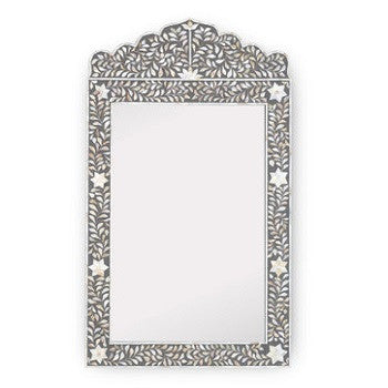 Mother of Pearl Inlay Crested Mirror : Floral : Grey