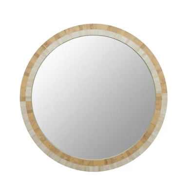 A round mirror with bone inlay in natural and white colors, featuring a floral pattern around the edge. A round mirror with bone inlay in natural and white colors, featuring a floral pattern around the edge.