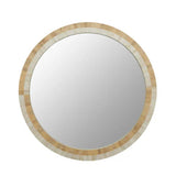 A round mirror with bone inlay in natural and white colors, featuring a floral pattern around the edge. A round mirror with bone inlay in natural and white colors, featuring a floral pattern around the edge.