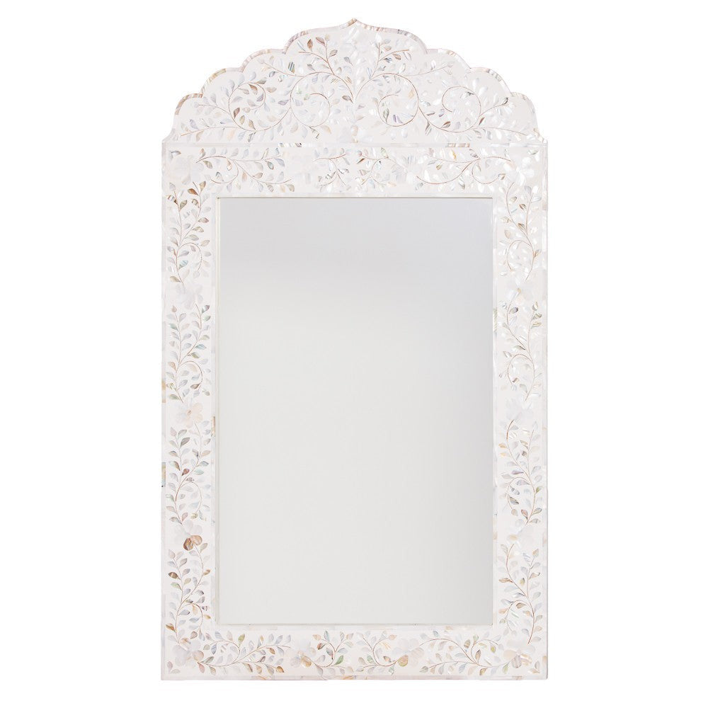 Mother of Pearl Inlay Crested Mirror : Floral : White Mother of Pearl Inlay Crested Mirror : Floral : White