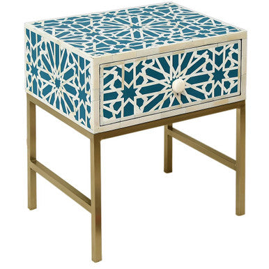 Bone Inlay 1 Drawer Bedside (with Metal Legs) : Dodeca : Teal