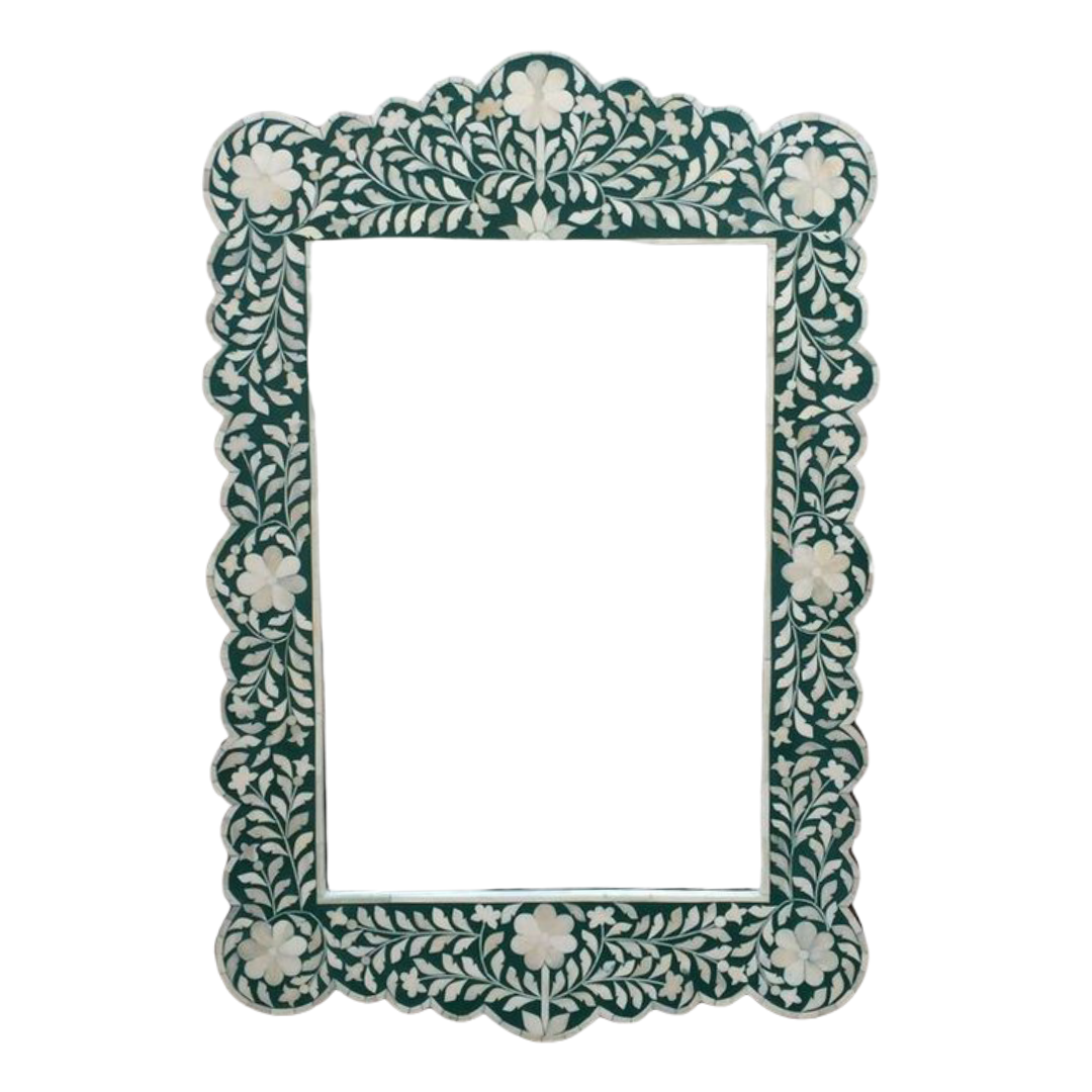 Bone Inlay Scalloped Mirror : Floral : Emerald Green Bone Inlay Scalloped Mirror : Floral : Emerald Green