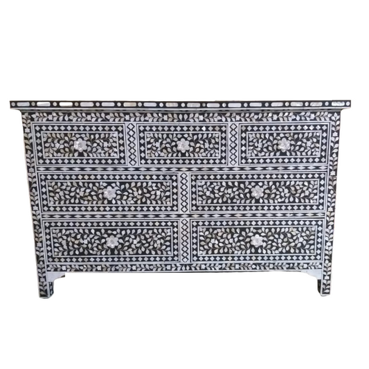 Mother of Pearl Inlay 7 Drawer Chest : Floral : Black