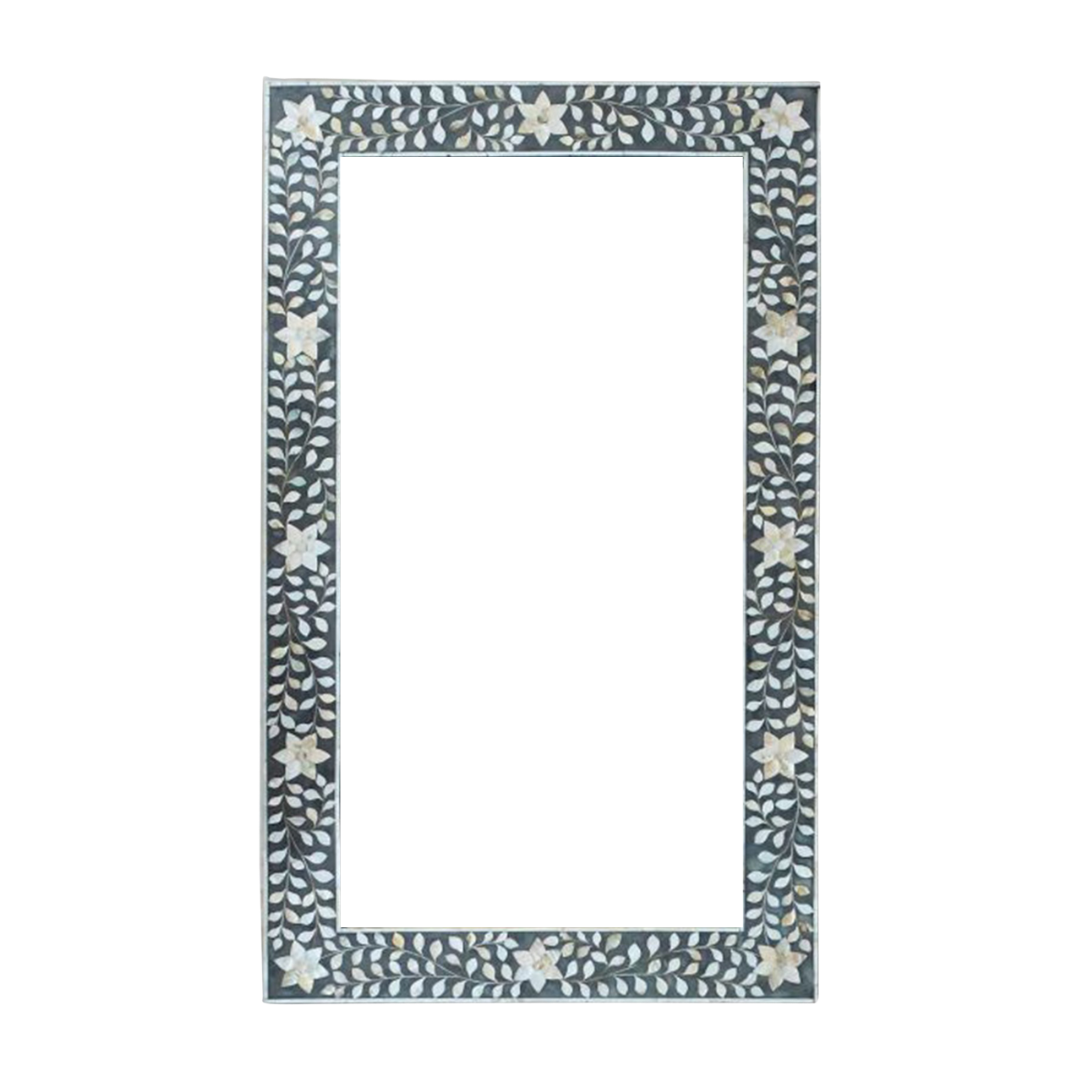 Mother of Pearl Inlay Rectangular Mirror : Floral : Grey Mother of Pearl Inlay Rectangular Mirror : Floral : Grey