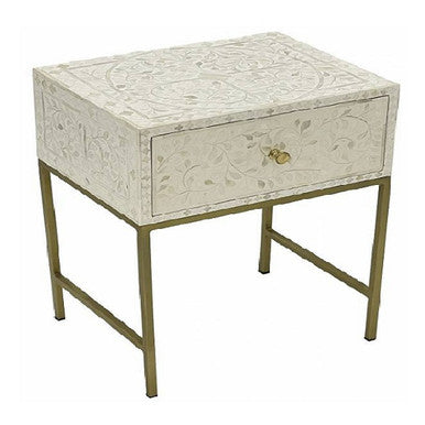 Mother of Pearl Inlay 1 Drawer Bedside (with Metal Legs) : White