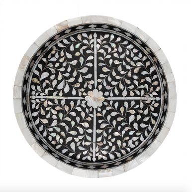 Mother of Pearl Inlay Round Tray : Floral : Black