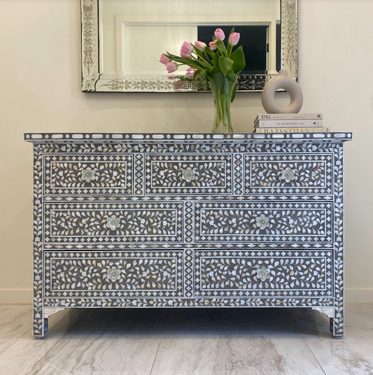 Mother of Pearl Inaly 7 Drawer Chest : Floral : Grey