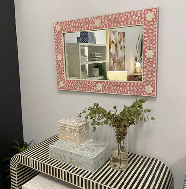Bone Inlay Rectangular Mirror : Floral : Pink Bone Inlay Rectangular Mirror : Floral : Pink