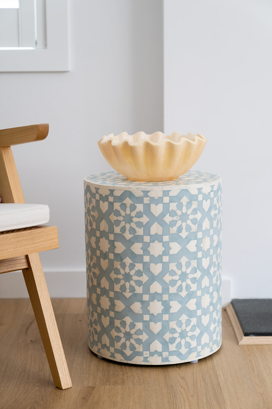Bone Inlay Round Side Table : Zelliges : Blue