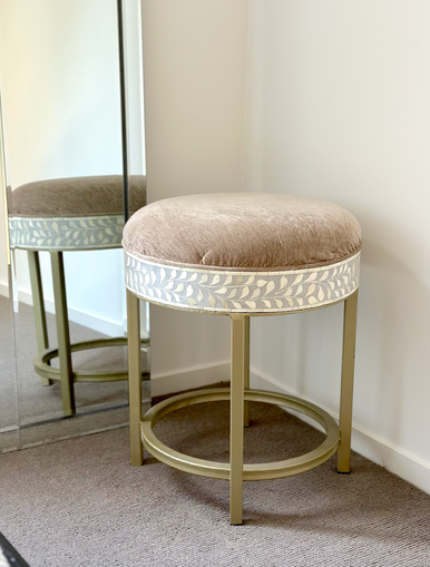 Bone Inlay Stool with Brass Legs : Floral : Grey