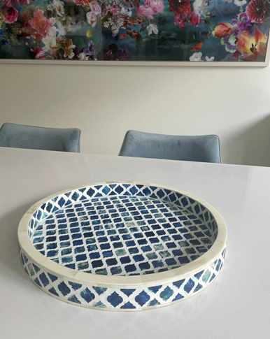 Dyed Bone Inlay Round Tray : Moroccan : Blue