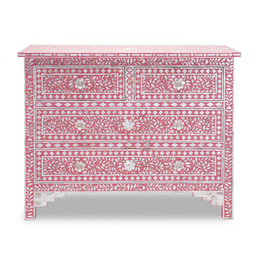 Mother of Pearl Inlay 4 Drawer Chest : Floral : Pink