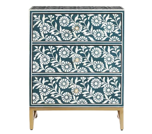 Bone Inlay  3 Drawer Bedside Chest : Marguerite : Teal