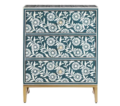 Bone Inlay 3 Drawer Bedside Chest : Marguerite : Teal