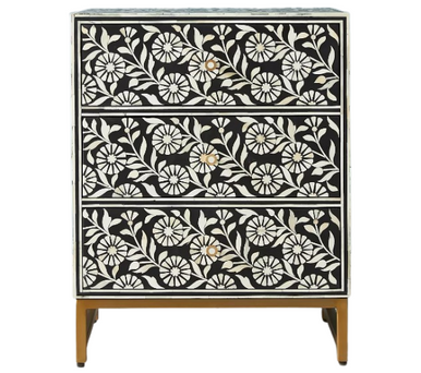 Bone Inlay 3 Drawer Bedside Chest : Marguerite : Black