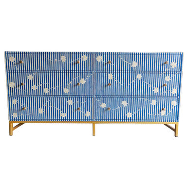 Bone Inlay 6 Drawer Sideboard : Striped Floral : Blue