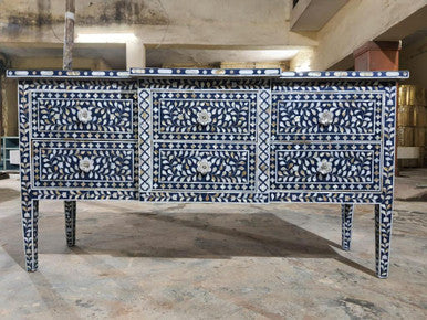 Mother of Pearl Inlay 6 Drawer Chest : Floral :: Navy Blue