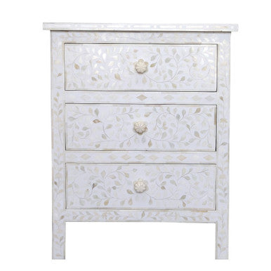 Bone Inlay 3 Drawer Bedside : Floral : White