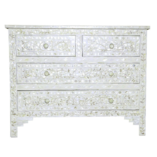 Mother of Pearl Inlay 4 Drawer Chest : Floral : White