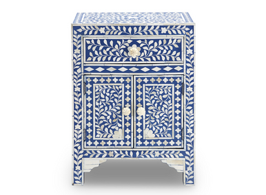 Bone Inlay Bedside Cabinet : Floral : Indigo Blue