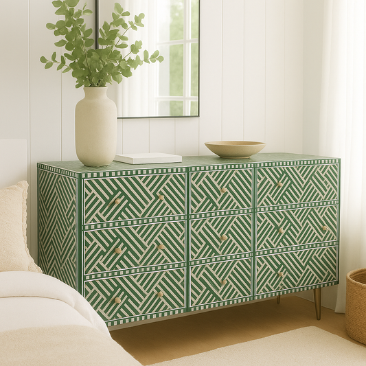 Bone Inlay 9 Drawer Sideboard : Criss Cross : Dark Green