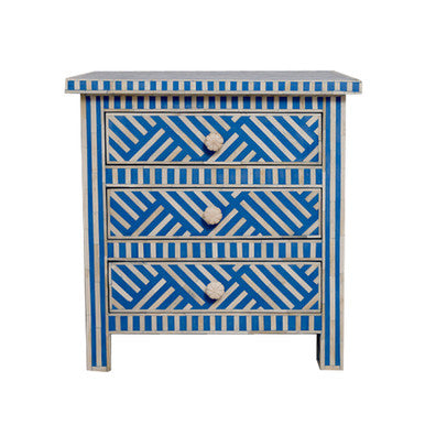 Bone Inlay 3 Drawer Bedside : Stripe : Blue