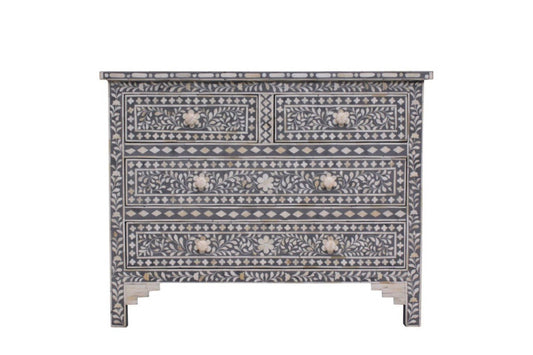 Bone Inlay 4 Drawer Chest : Floral : Grey