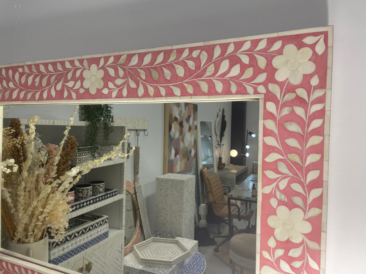 Bone Inlay Rectangular Mirror : Floral : Pink Bone Inlay Rectangular Mirror : Floral : Pink