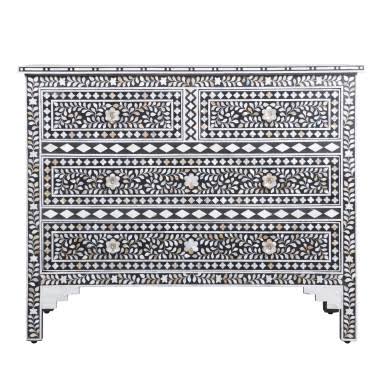 Mother of Pearl Inlay 4 Drawer Chest : Floral : Black