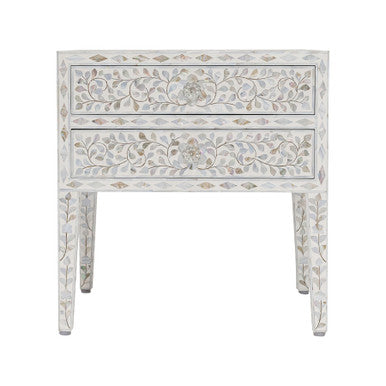 Mother of Pearl Inlay 2 Drawer Bedside Table : Floral : White