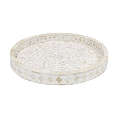 Bone Inlay Round Tray : Floral : White