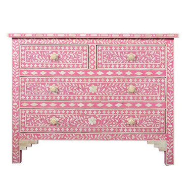 Bone Inlay 4 Drawer Chest : Floral : Pink