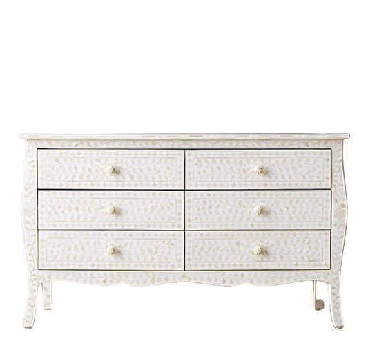 Bone Inlay French 6 Drawer Chest : Floral : White