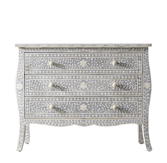 Bone Inlay French 3 Drawer Chest : Floral : Grey