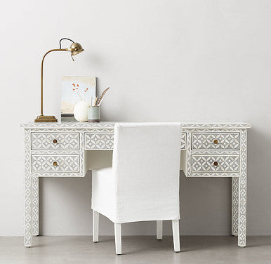 Bone Inlay 5 Drawer Desk : Starburst : Grey Bone Inlay 5 Drawer Desk : Starburst : Grey