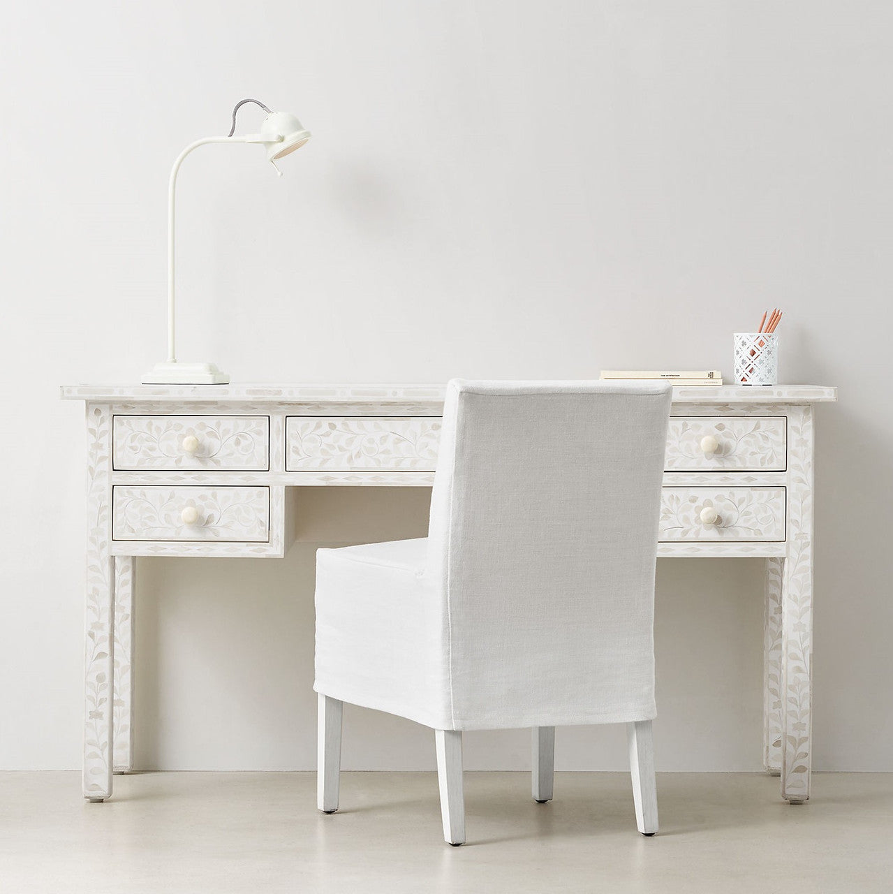 Bone Inlay 5 Drawer Desk : Floral : White Bone Inlay 5 Drawer Desk : Floral : White