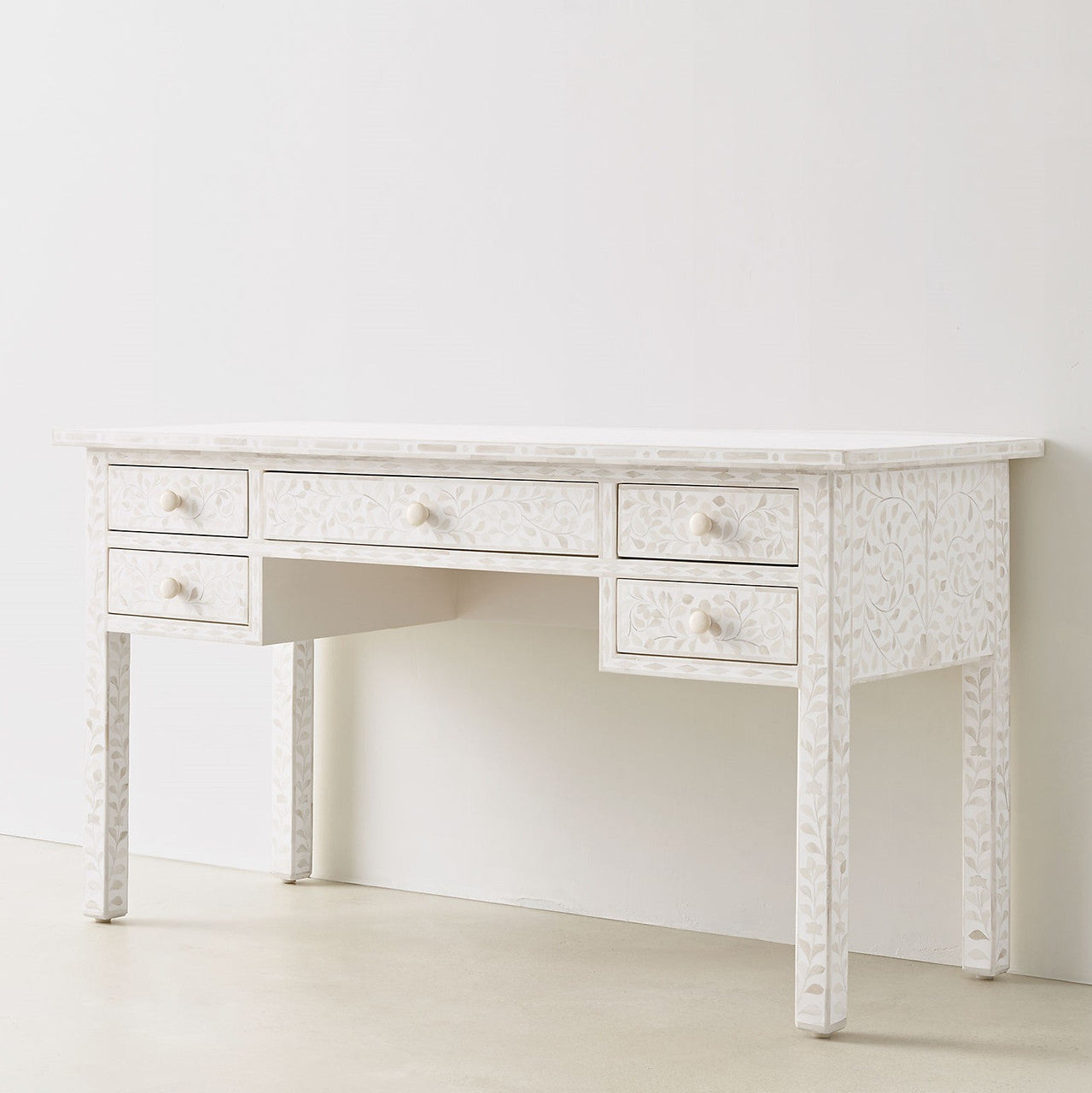 Bone Inlay 5 Drawer Desk : Floral : White Bone Inlay 5 Drawer Desk : Floral : White