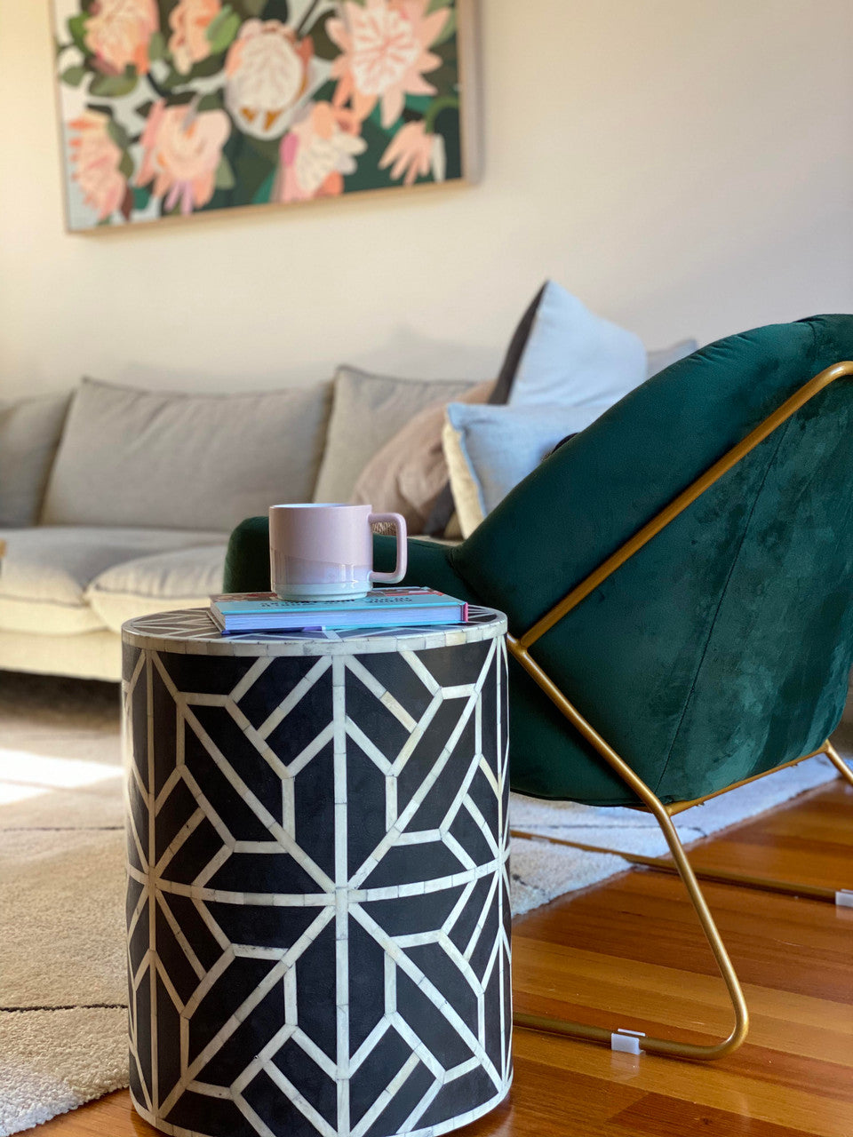 Bone Inlay Side Table : Abstract : Black Bone Inlay Side Table : Abstract : Black