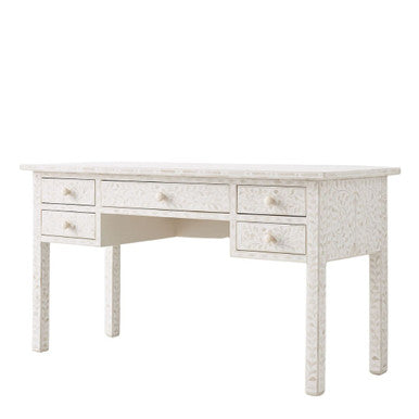 Bone Inlay 5 Drawer Desk : Floral : White