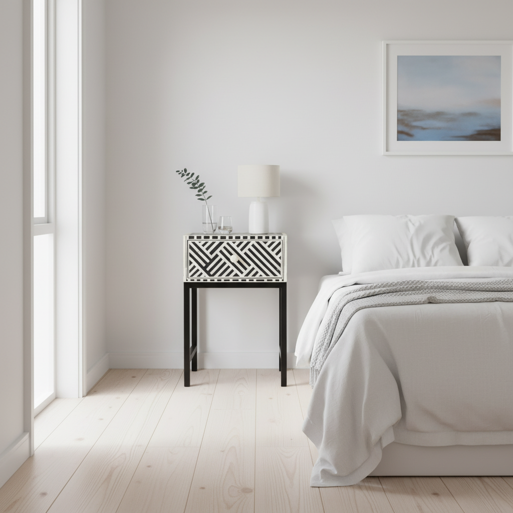 Bone Inlay 1 Drawer Bedside (with Metal Legs) : Stripe : Black