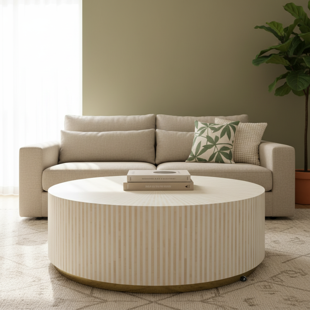 Bone Inlay Round Coffee Table : Stripe : White