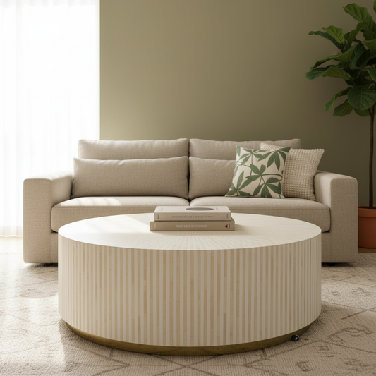 Bone Inlay Round Coffee Table : Stripe : White