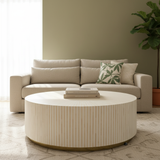 Bone Inlay Round Coffee Table : Stripe : White
