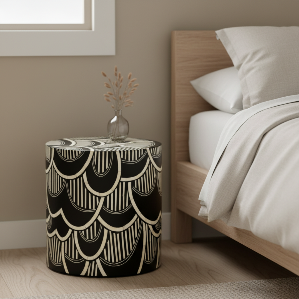 Bone Inlay Side Table : Scalloped Stripe : Black