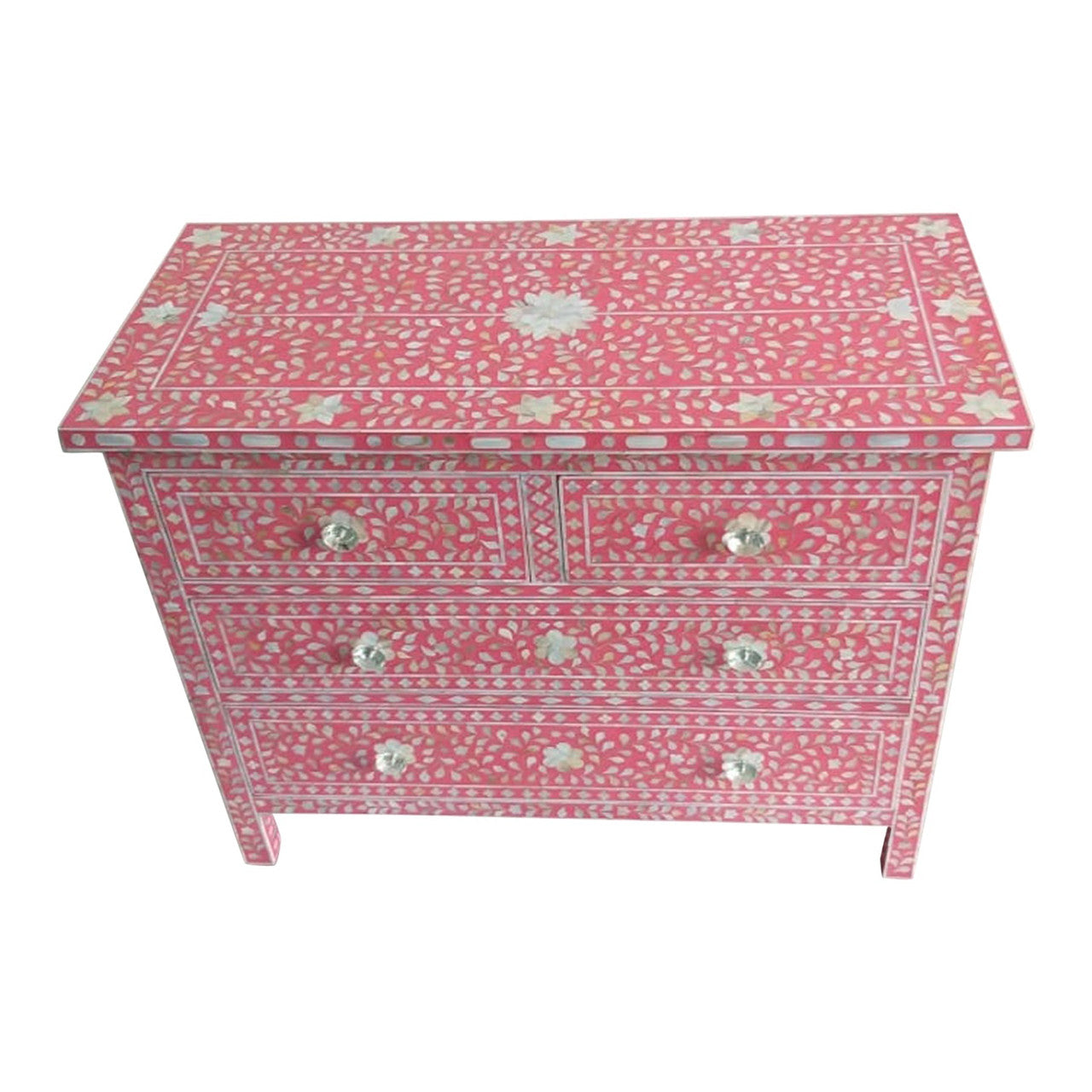 Bone Inlay 4 Drawer Chest : Floral : Pink
