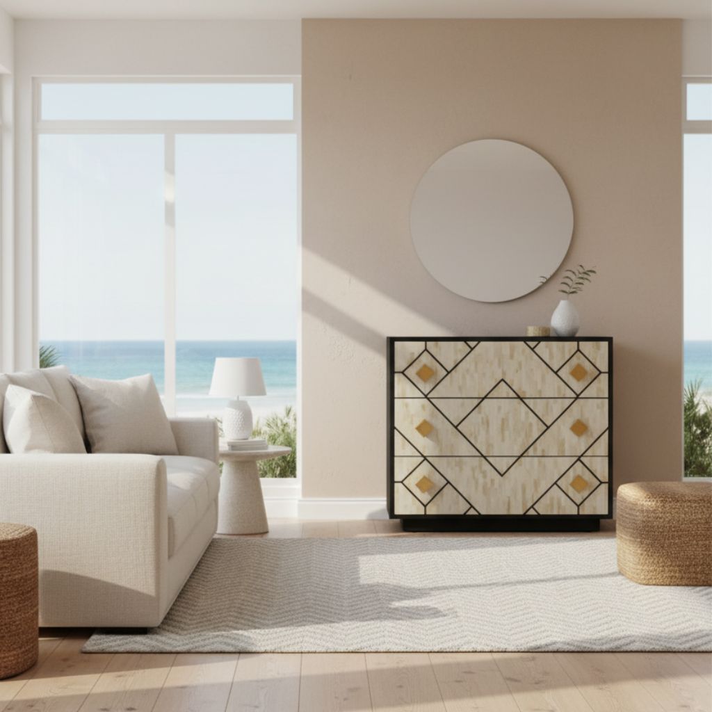 Modern living room with a white sofa, decorative cabinet, and large windows overlooking an ocean view.