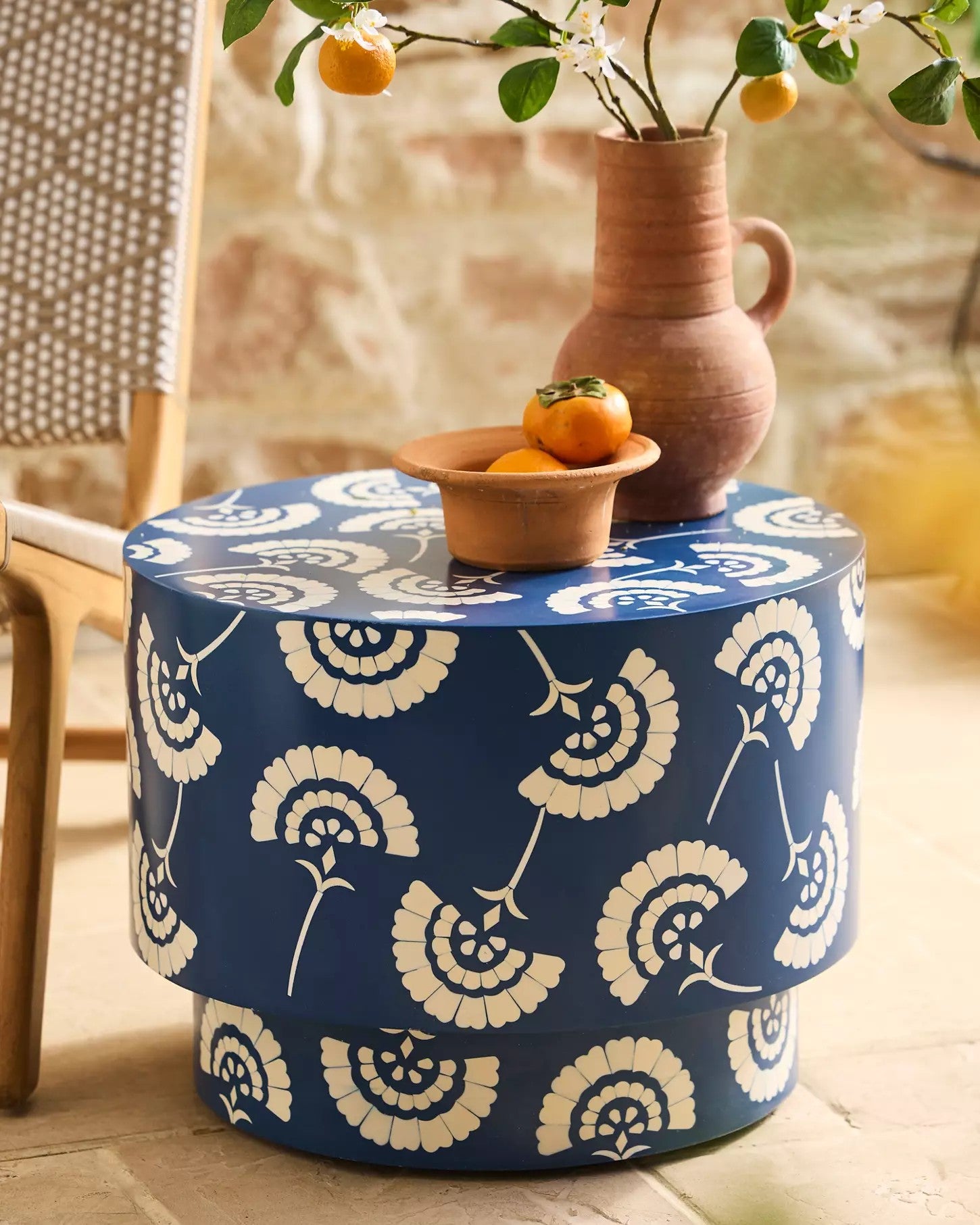 Bone Inlay Round Side Table : Fantail : Navy Blue