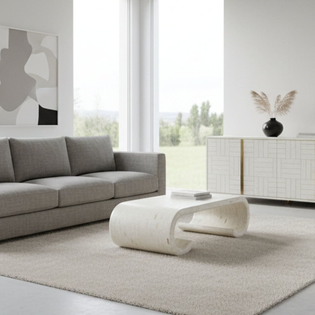 Bone Inlay Coffee Table : Brickwork with Brass Accent : White