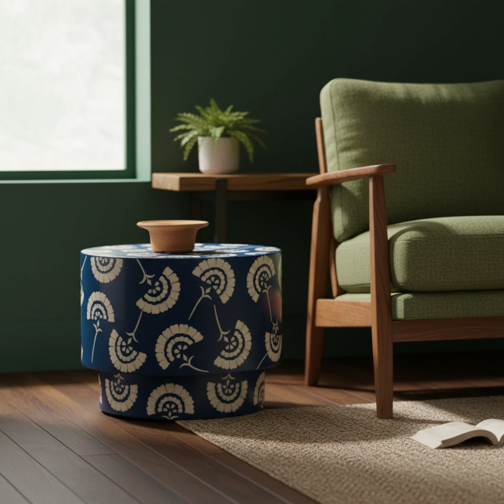 Bone Inlay Round Side Table : Fantail : Navy Blue